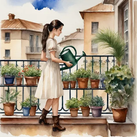 watercolor painting.captured a woman is seen watering a variety of potted plants on a balcony. she's dressed in a short, off-whi...