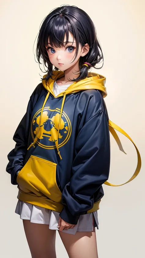 (masterpiece, highest quality, highest resolution, distinct_image, detailed details) A cute japanese girl, wearing oversized hoodie combination of dark blue and yellow, hoodie design 