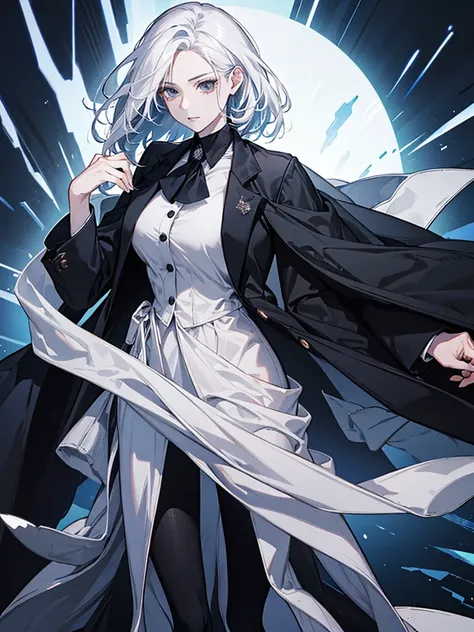 A woman full of dignity, handsome, rich, wearing a black suit, white hair.