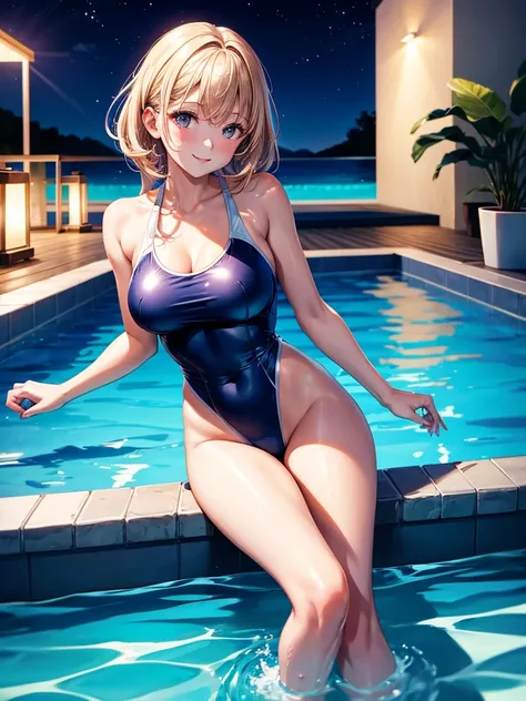 Highest quality,Highest Resolution,A woman in a swimsuit happily swimming in the pool at night,