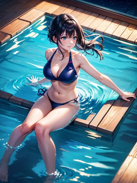 Highest quality,Highest Resolution,A woman in a swimsuit happily swimming in the pool at night,