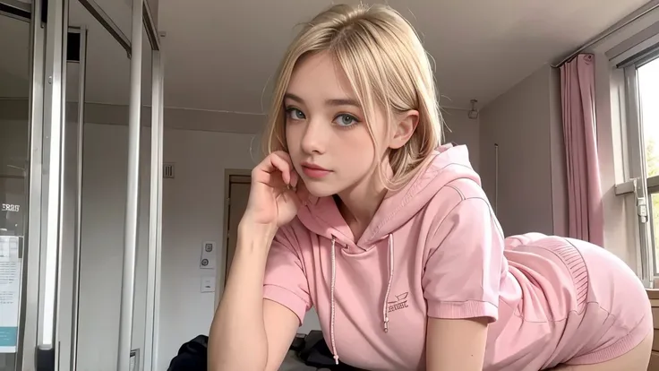 deux femmes blonde ensemble de 18 ans sexy et mince , pink short sleeve hoodie , salle de classe, se touche,position sey,sensuel