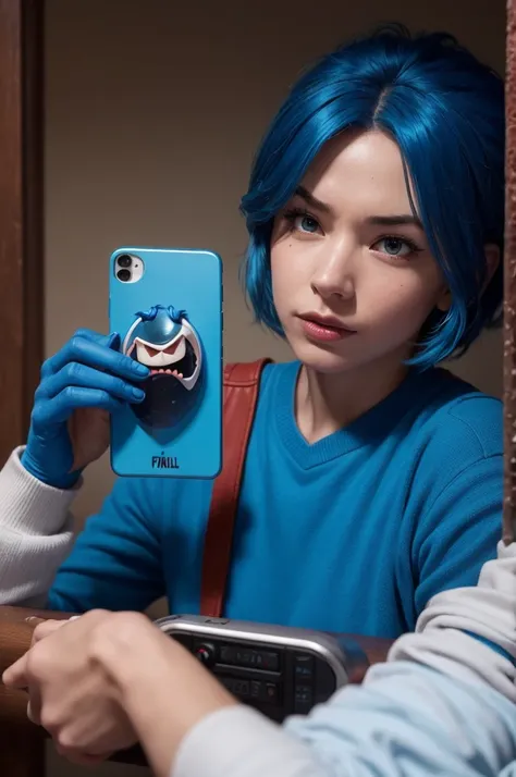 A fun thrill from Pixar. Blue hair, red skin and holding cell phone 