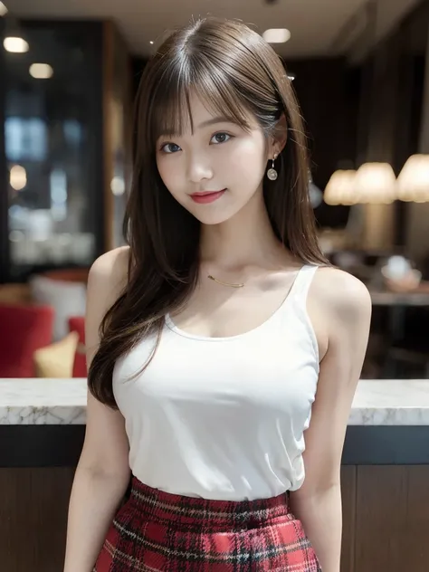 masterpiece,full body, ultra hot sexy sensual young woman, standing in a cafe, sofa on background has winered color, long white official shirt, plaid patterned short expensive skirt, having a coffee cup with right hand, touch the table with left one,( blur...