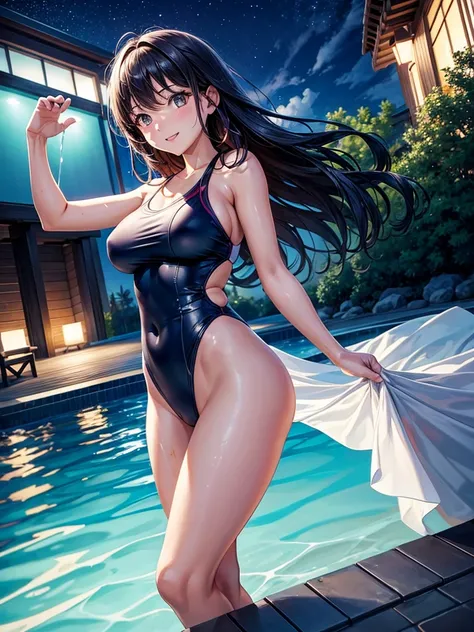 Highest quality,Highest Resolution,A woman in a swimsuit happily swimming in the pool at night,Less exposure,