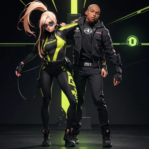 Black workwear jumpsuit、Costume with glowing yellow-green linesを着た女性, cyber punk, Hard Rock Metal, Mosh Pit, (Highest quality,4K,8K,High resolution,masterpiece:1.2),Live Stage、Costume with glowing yellow-green lines、Large sunglasses,Punkish hairstyle、Full ...