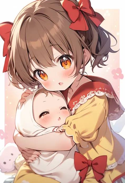 one girl, baby, cute, brown hair, orange eyes, red bow, small, loli