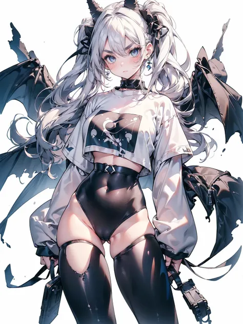 (White Hair Girl), (Thick, dark blue eyebrows:1.4), (Dark blue eyebrows:1.7), (Thick eyebrows:1.3), (Huge black fluffy animal ears:1.1), (Black animal ears:1.1), BREAK, (((Mesh Stitching Crop T-Shirt, Cutout Long Sleeve Top))),BREAK, (Big Breasts:1.2, Thic...