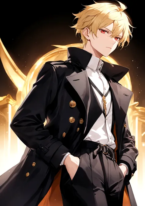 expressionless,Hands in pockets,Exquisite facial features,blond，Red eyes，Young male，Black trench coat