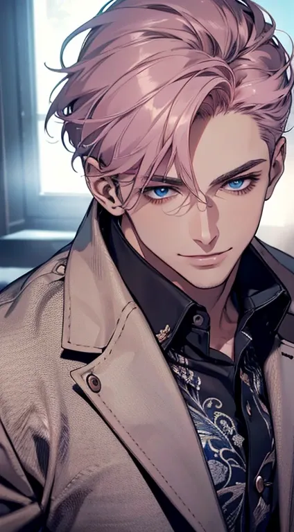 (best quality, masterpiece, 8K, photorealistic, cinematic lighting, hdr image, ultra detailed, beautiful image), a mature man, very handsome, smile, short grey pink hair, blue eyes, perfect face without errors, ((buttoning the jacket, CEO))