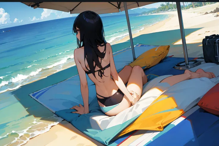 (masterpiece, best quality, Full HD), Illustration, sitting on a beach towel, view from the back, swimsuit, black straight hair, sun shade, cocktail, beautiful beach scenery 