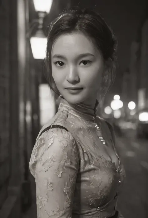 1fille, sourire, rue de tokyo, nuit, cityscape, city lights, haut du corps, a victorian-era woman poses for a head and shoulder ...