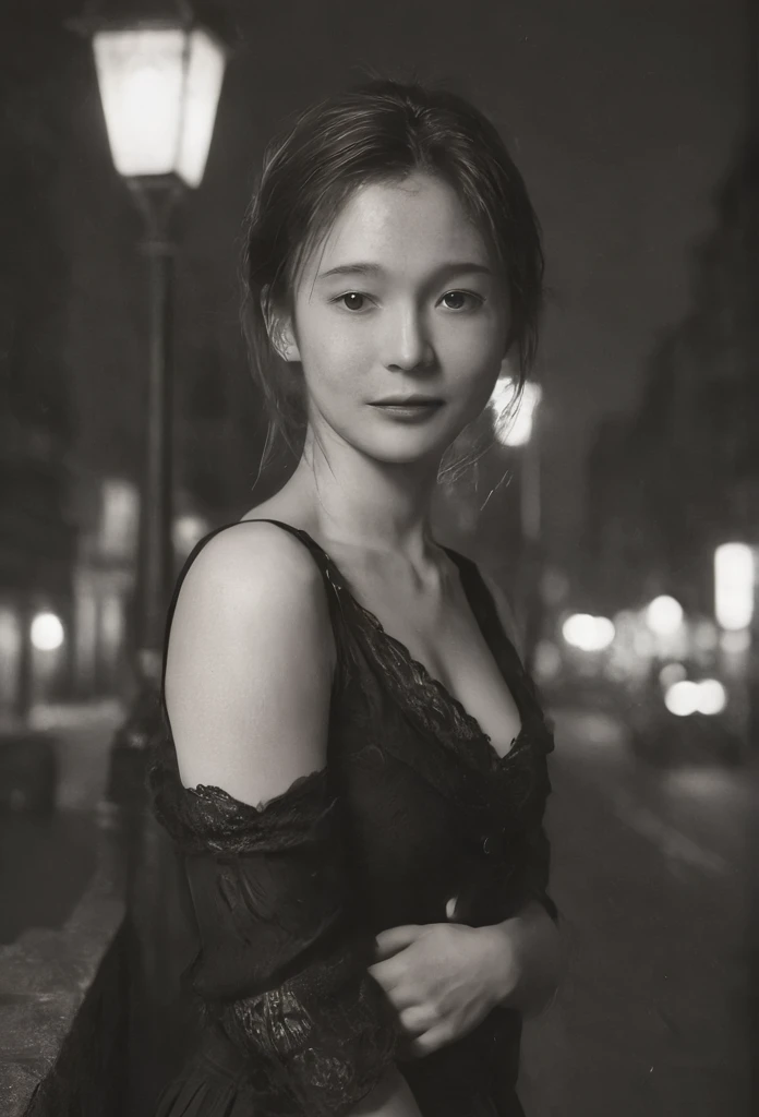 1fille, sourire, rue de tokyo, nuit, cityscape, city lights, haut du corps, a victorian-era woman poses for a head and shoulder ...