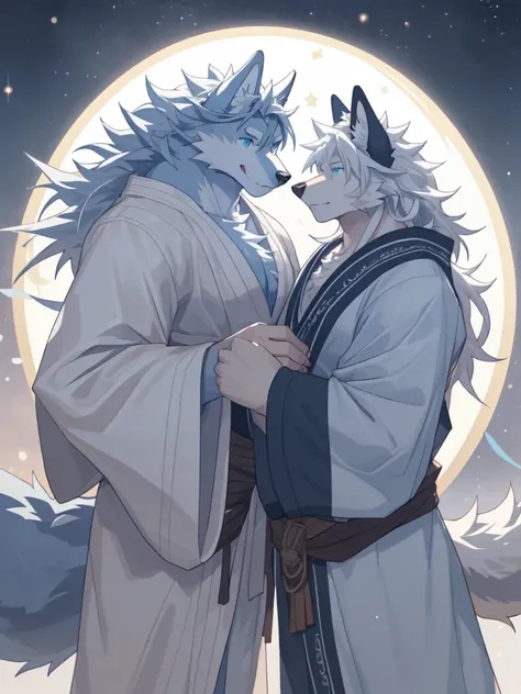 only，Hairy Male，Hairy chest，Wolf，Canine，silver white fur，Long white hair，The ends of the hair are silver，Bright blue eyes，charming，Handsome，Big Tail，Full body male love，Star Magic，masterpiece，detailed，There is a star texture on the forehead，robe