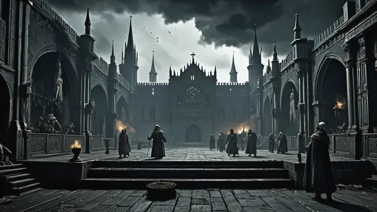 In a grim, medieval dark fantasy world, visualize a scene of stark contrast and harrowing detail: a bustling slave market set against the backdrop of a decaying fortress. The sky overhead is heavy with storm clouds, casting an oppressive gloom over the mar...