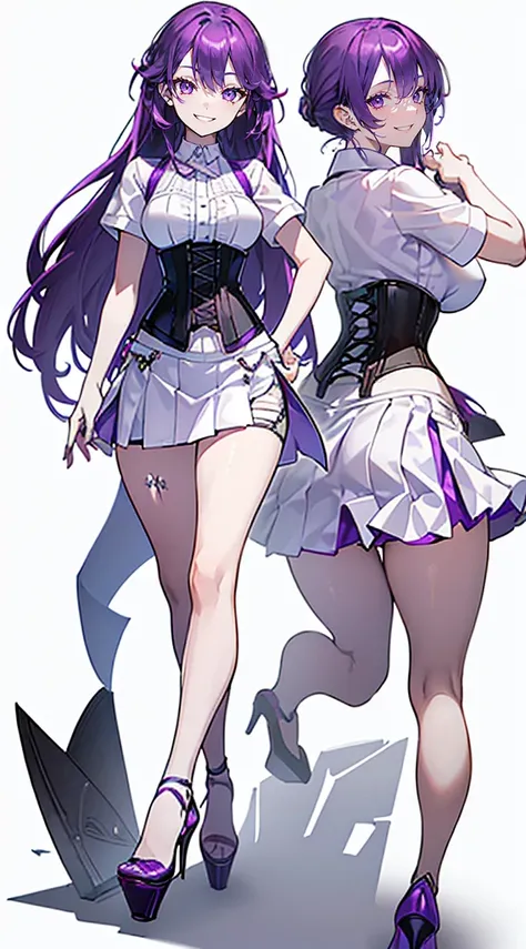 ((Perfect Face)),Purple Hair,long hair,1 female,bartender,(((White shirt with rolled up sleeves)),(corset),(((Tight Skirt))),,High heels,,((Simple White background)),((smile)),((full body))