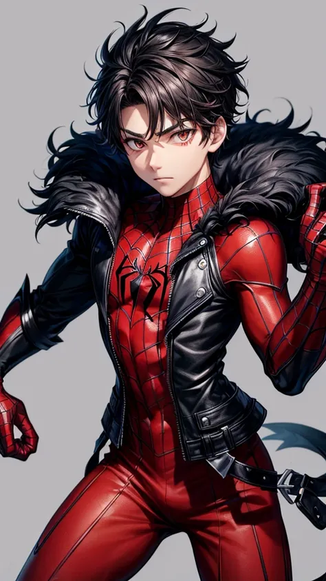 16 year old boy, black and red spiderman costume,except mascara ,black eyes,black fur