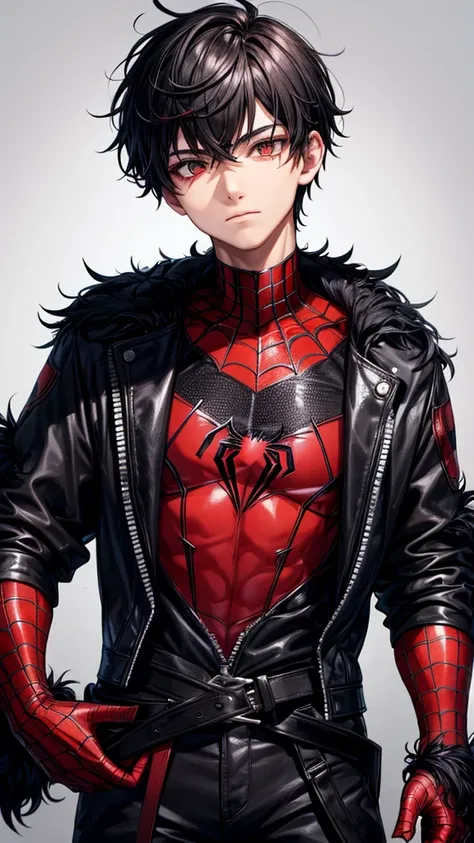 16 year old boy, black and red spiderman costume,except mascara ,black eyes,black fur