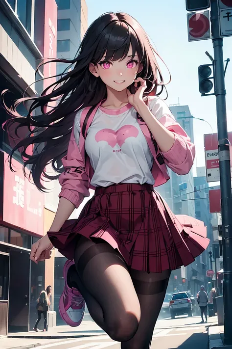 ((1 Girl)), Latest Trends in Clothing, Red Check Skirt, Black clothes ,pantyhose,(( Jump with both feet together)), Street fashion,Cowboy Shot,((Very detailed,Highest quality, High resolution, 8k wallpaper, Beautiful clothes,)),((Black Hair, Long Hair,Stra...