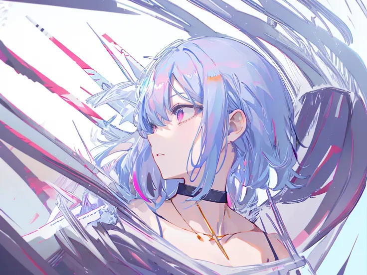 8k wallpaper，tmasterpiece，cinmatic lighting，top Quority，illustratio，Dramatic angles，（（a color：1.1）），（（Colored inner hair：1.4）），
1girll， solo， long blue hair， SakuraNS， Pink eyes， Cross necklace， parted lip， a white choker， liquid hair， Light blue hair， By ...