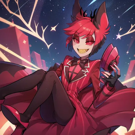 Masterpiece, best quality, bowtie, jacket, microphone, suit, 1boy, solo, Alastor, animal ears, sharp teeth, red eyes, teeth, Deer ankles on his head, bow, smile, looking at viewer, slit pupils, red hair, grin, multicolored hair, red sclera, holding microph...