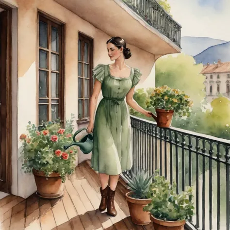 Watercolor painting. Captured, a woman is seen watering several potted plants on a balcony. She is dressed in a short whitish green dress, adorned with short sleeves and a ruffled neckline. Her long, dark hair is neatly pulled back into a ponytail, and she...