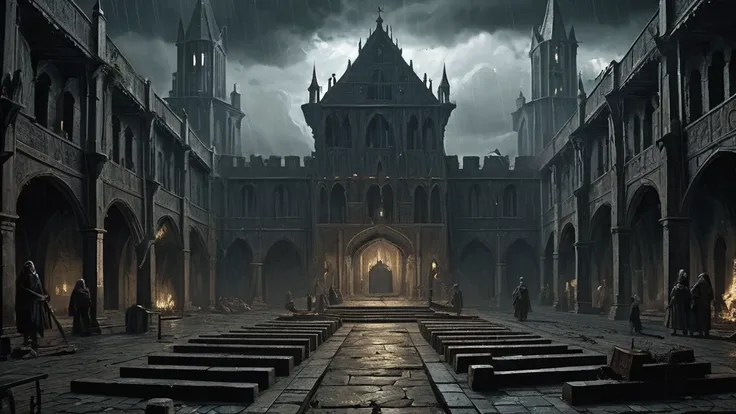 In a grim, medieval dark fantasy world, visualize a scene of stark contrast and harrowing detail: a bustling slave market set against the backdrop of a decaying fortress. The sky overhead is heavy with storm clouds, casting an oppressive gloom over the mar...