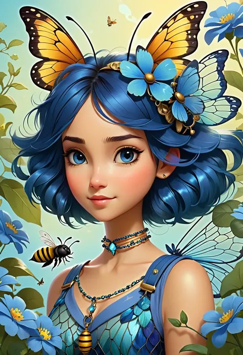 Rough texture，Hand-drawn style：1 Girl,airplane,airplane,animal,animal On the head,animal on shoulder,antenna,one,bee,beetle,bird,bird on hand,bird On the head,bird on shoulder,birdcage,blue Butterfly,Blue feathers,Blue flowers,blue wing,bracelet,Vulnerabil...