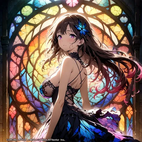 (masterpiece, top quality, best quality,official art, beautiful and aesthetic:1.2),(1girl:1.3), 1girl BREAK stained glass art, colored glass, lead lines, light transmission BREAK vibrant colors, intricate designs, luminous effects, spiritual ambiance