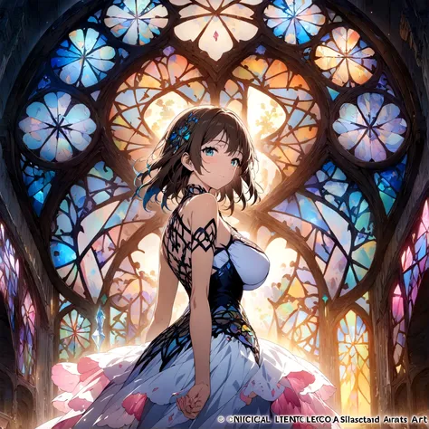 (masterpiece, top quality, best quality,official art, beautiful and aesthetic:1.2),(1girl:1.3), 1girl BREAK stained glass art, colored glass, lead lines, light transmission BREAK vibrant colors, intricate designs, luminous effects, spiritual ambiance