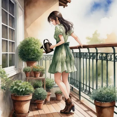 anime girl, watercolor painting. captured, a woman is seen watering several potted plants on a balcony. she is dressed in a shor...