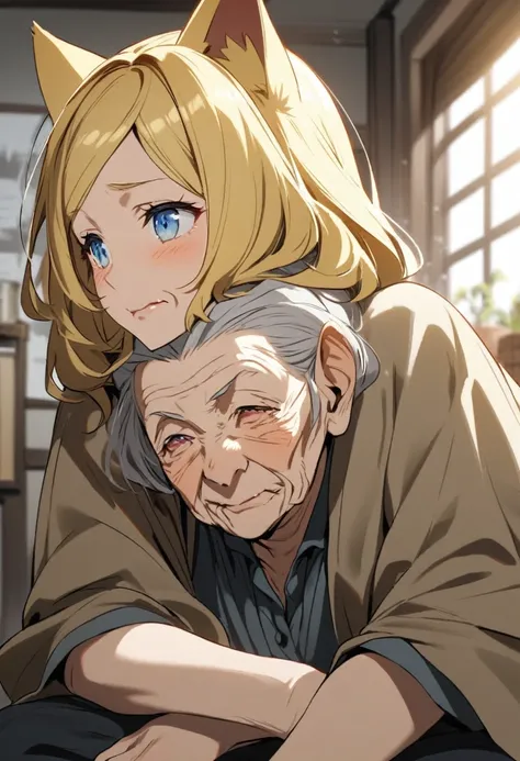 one woman, yellow hair, blue eyes, cat ears, old woman