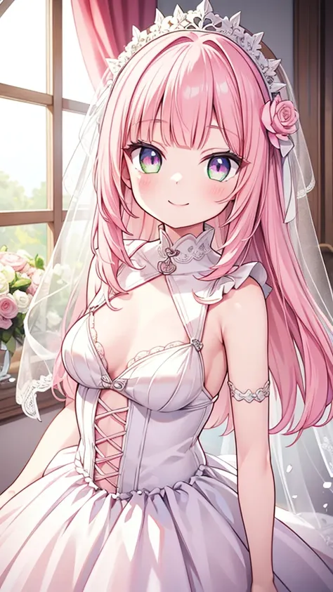 masterpiece, best quality, hyper detailed,1girl, smiling, looking at viewer,flat chest,light pink hair, blunt bangs,middle hair,gradient eyes,light pink eyes,light green eyes,Wedding dress,