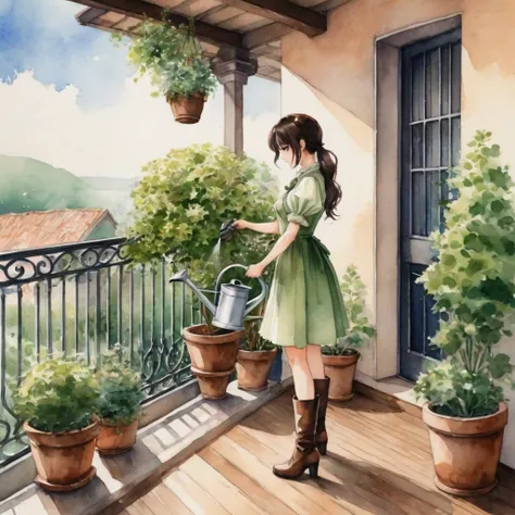 anime girl, watercolor painting. captured, a woman is seen watering several potted plants on a balcony. she is dressed in a shor...