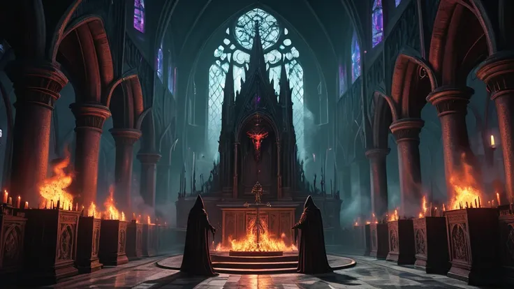 depicting a sinister satanic cult in a medieval dark fantasy setting. The scene takes place in a shadowy, ancient cathedral, its towering stone arches and stained glass windows casting eerie, multicolored light upon the gathered cultists. At the center of ...