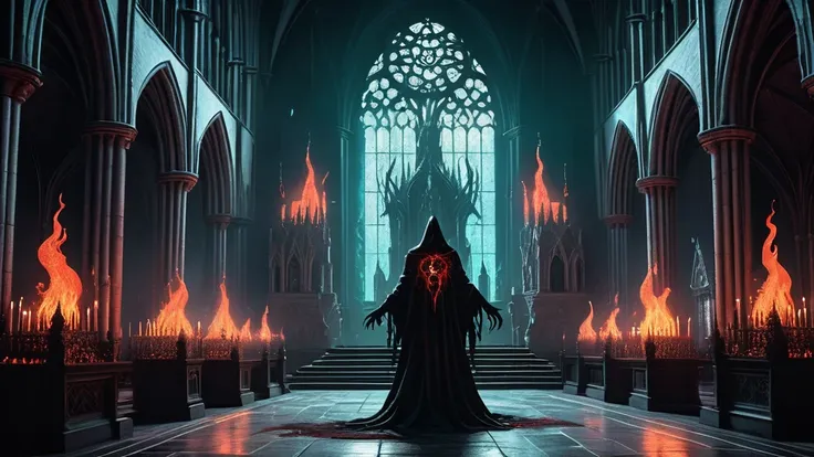 depicting a sinister satanic cult in a medieval dark fantasy setting. The scene takes place in a shadowy, ancient cathedral, its towering stone arches and stained glass windows casting eerie, multicolored light upon the gathered cultists. At the center of ...