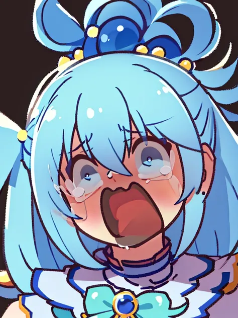 (better quality)), ((masterpiece)), (Very detailed), A high resolution, Aqua Konosuba, blue dress, Thin hair, Hairclip, crying