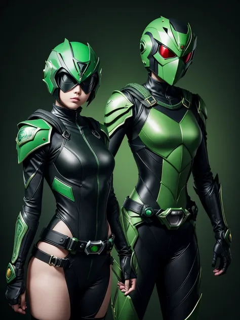 1 teenage girl. slim body. female kamen rider. basilisk styled kamen rider. green and black female kamen rider suit. basilisk st...