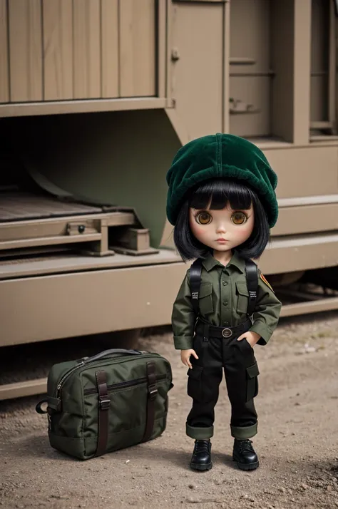 a Blythe doll with short black hair with bangs, a loose black band shirt, a black ushanka, and green baggy cargo pants