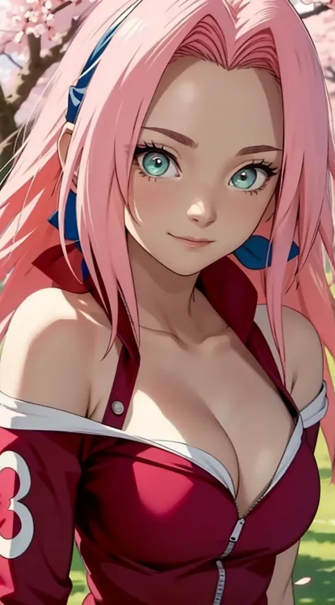 tmasterpiece， Best quality at best， 1girll， Sakura Haruno， Large breasts，Off-the-shoulder attire，（cleavage)，（upperbody closeup)，Raised sexy，is shy，ssmile，with pink hair， long whitr hair， （Green eyeballs:1.4)， Forehead protection， the cherry trees，Cherry bl...