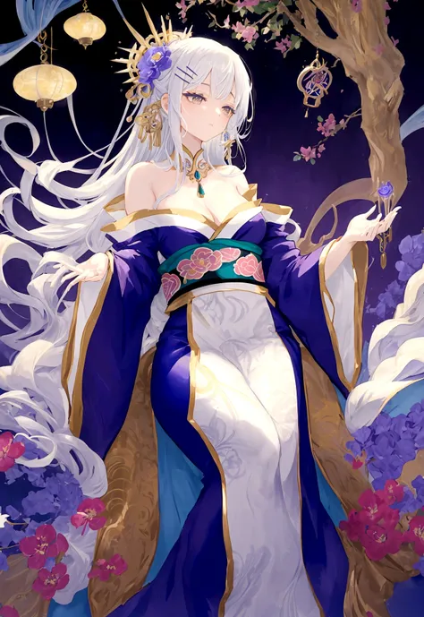 A high-quality watercolor-style painting of a glamorous female tarot reader with a light novel aesthetic. She has long, flowing silver hair adorned with beautiful decorations, including intricate hairpins and flowers. She is wearing an expensive, elaborate...