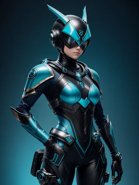 Teenage girl. Slim body. Female Kamen rider. Sea serpent styled kamen rider. Blue and black female kamen rider suit. Sea serpent styled full face kamen rider helmet. No face exposed. No hair exposed. Kamen rider belt. Standing pose. Blue background.