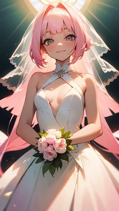 masterpiece, best quality, hyper detailed,1girl, smiling, looking at viewer,flat chest,light pink hair, blunt bangs,middle hair,gradient eyes,light pink eyes,light green eyes,Wedding dress,