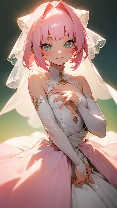 masterpiece, best quality, hyper detailed,1girl, smiling, looking at viewer,flat chest,light pink hair, blunt bangs,middle hair,gradient eyes,light pink eyes,light green eyes,Wedding dress,