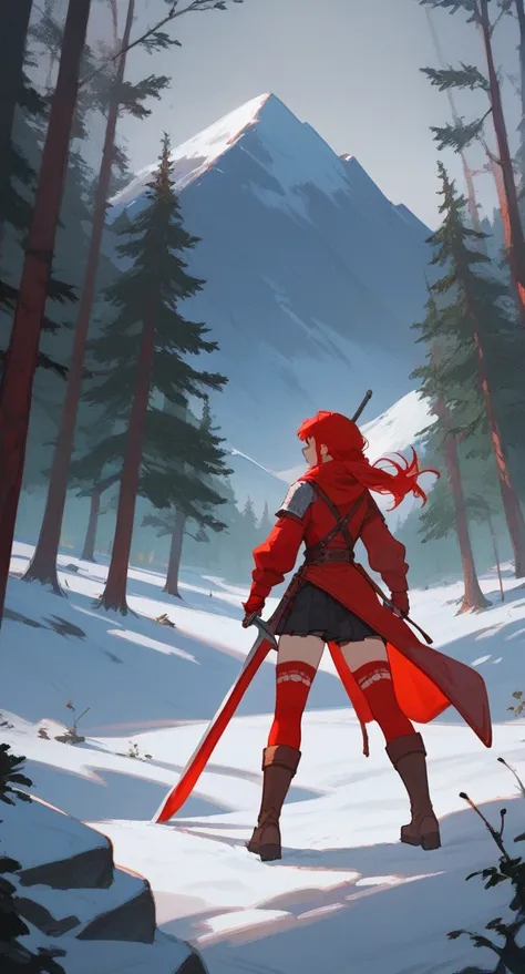 score_9,score_8_up,score_7_up,1girl, red hair, red yers, big breats, Adventurers outfit in red tones, Huge red sword, White and red stockings, stands on the top of a mountain overlooking the forest, light snow