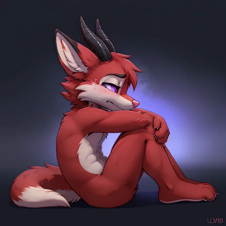 Anthropomorphic adult male crimson fox, with purple eyes, horns, pink nose, black ears, black sholders, sitting on ground, head down, hugging his legs, crying loudly, solo, ears down, solid color background, digital art, side view, tears on eyes, very sad ...