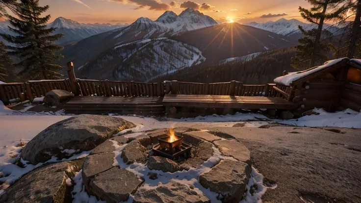 A stunning sunrise at a mountain cabin with a cup of coffee. The warm hues of the sun kiss the sky, painting it in shades of orange, pink, and gold as the light spills over the surrounding peaks. The image, most likely a photograph, captures the tranquilit...