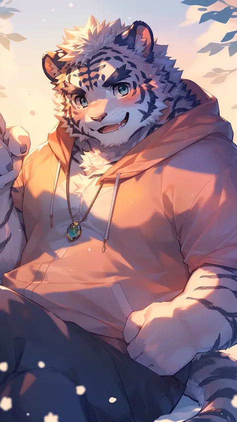 (Imagine:1.5), solitary, anthropology, hairy, hairy male, tiger, ((Fluffy fur, Fluffy, hairy body)), (Snow leopard print), (thick eyebrows), youth, muscular, The skin is white and big, Blue-gray pupils, Detailed teeth, , sideways, 害羞expression, 淡淡的Smile, b...