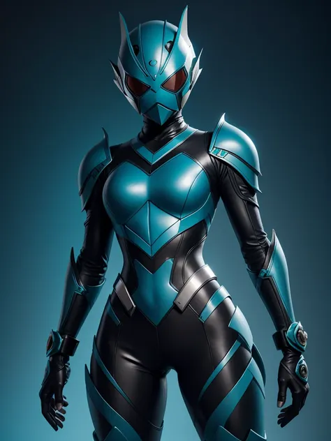 teenage girl. slim body. female kamen rider. sea serpent styled kamen rider. blue and black female kamen rider suit. sea serpent...