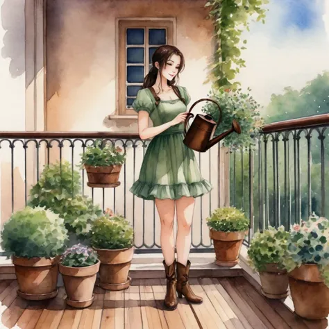 anime girl, watercolor painting. captured, a very beautiful woman is seen watering several potted plants on a balcony. she is dr...